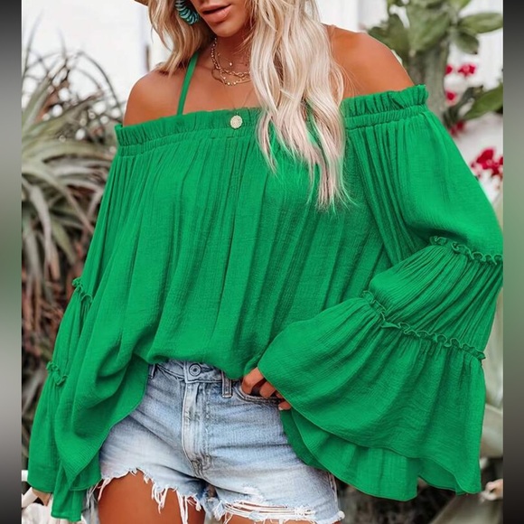 Luxe apricot off shoulder long sleeve casual blouse - Picture 15 of 15